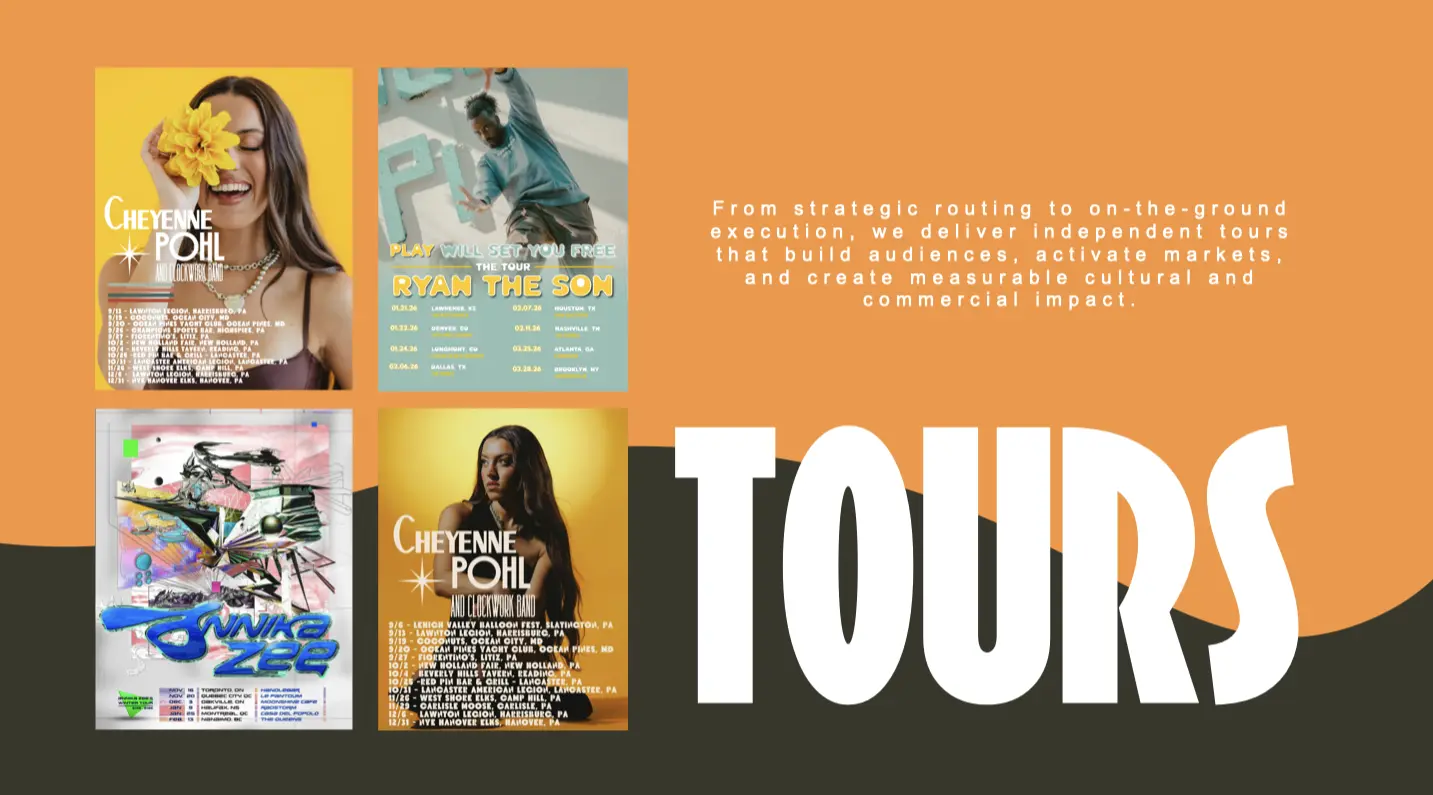 Tour artwork and campaign visuals from independent artist tours supported by Sungate